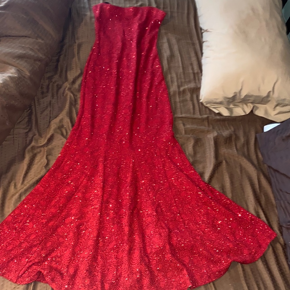 Red glitter long strapless prom dress size small